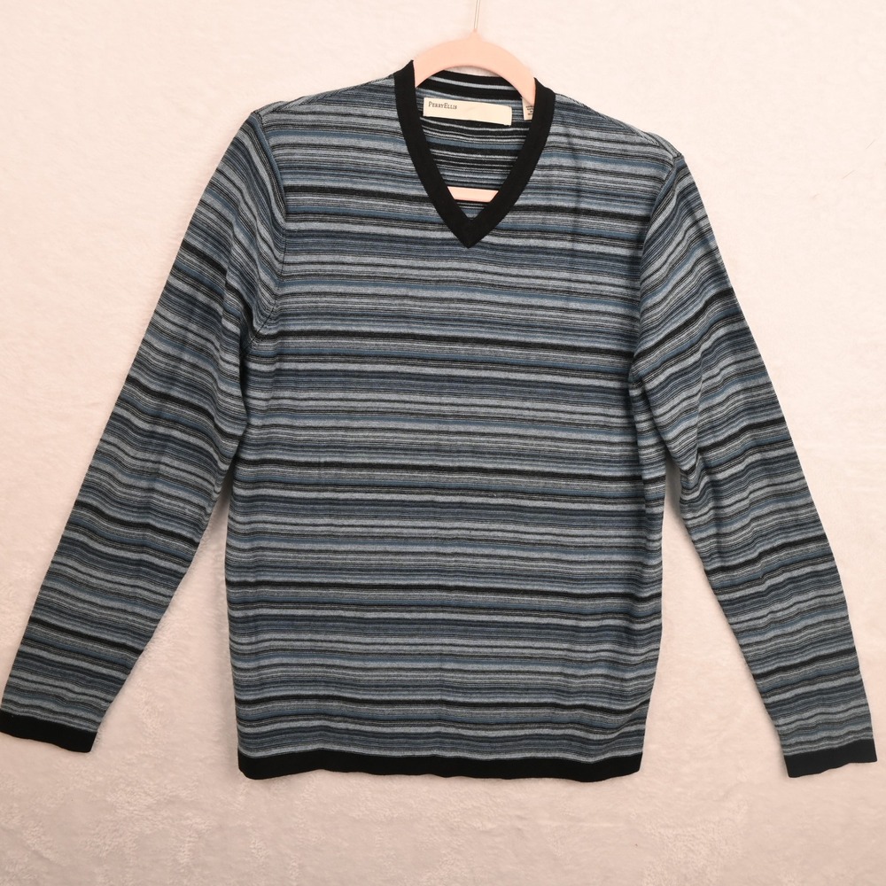 Perry Ellis Sweater Mens Small Blue Striped V-Neck Cotton Rayon Long Sleeve